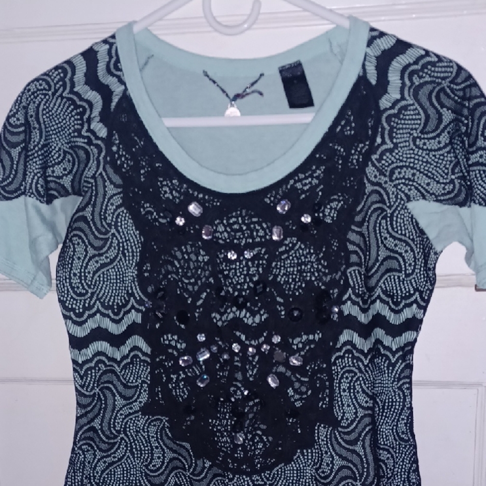 BKE Black Lace and Mint Short Sleeve Top